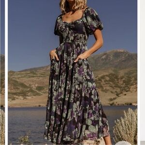 NWT Baltic Born Suzy Maxi Dress Medium Floral Blue Multi Bubble Sleeve